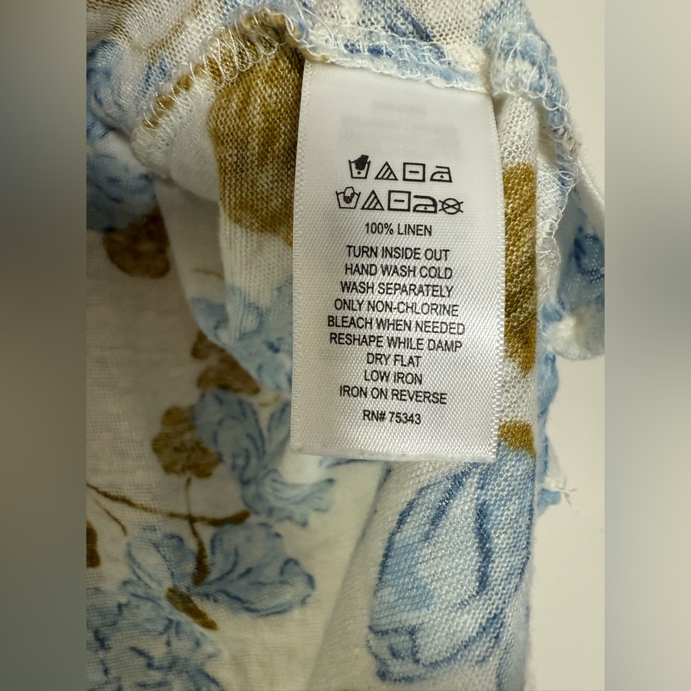 Joie 100% Linen Short Cap Sleeve Tee Blue Tan Floral on White Cropped Size XL - Picture 5 of 6